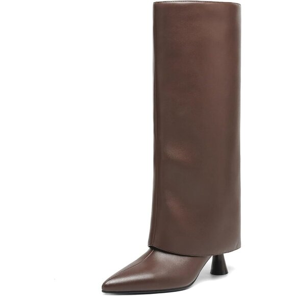 Shoes - Women's Brown Knee High Fold Over Shark Slouchy Pointed Toe Faux Leather Boots